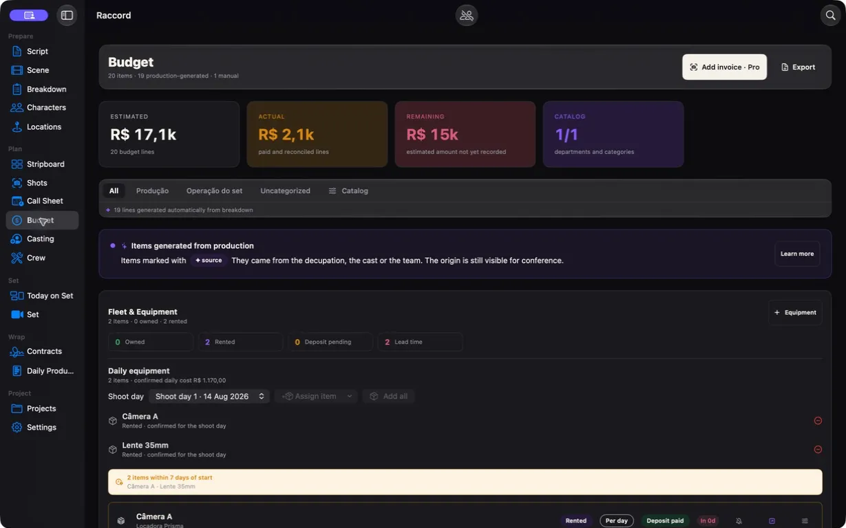 Orçamento de produção no Raccord para macOS