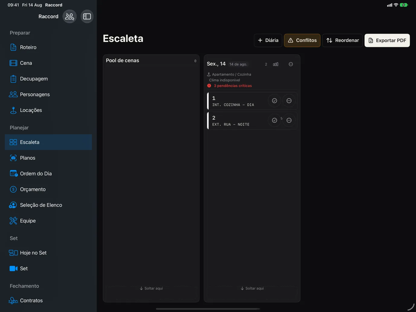 Raccord no iPad com a Escaleta e o planejamento da diária